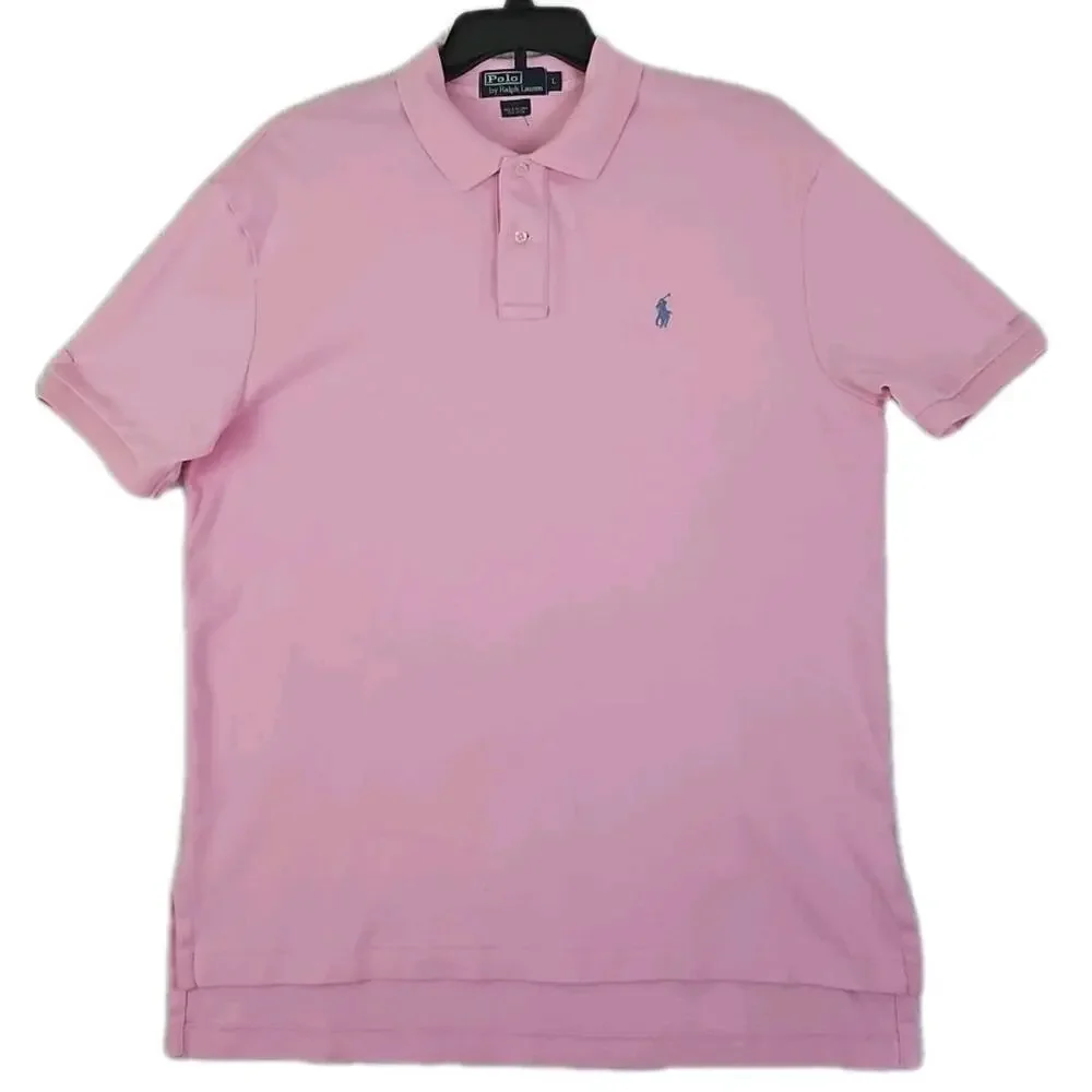 Polo Ralph Lauren ~Men's Size L~ Pink Blue Polo Shirt Pink Logo 100% Cotton.